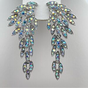 Art Deco Silver Angel Wing Statement Earrings Iridescent Crystal Long Dangle